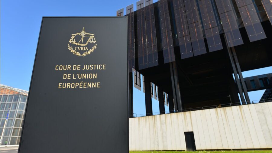 Court of Justice of the European Union entrance, modern architecture, Luxembourg, EU law.