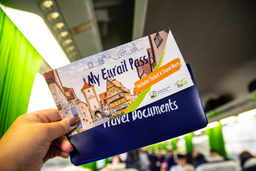 Eurail pass in hand on a modern European train, ready for adventure.