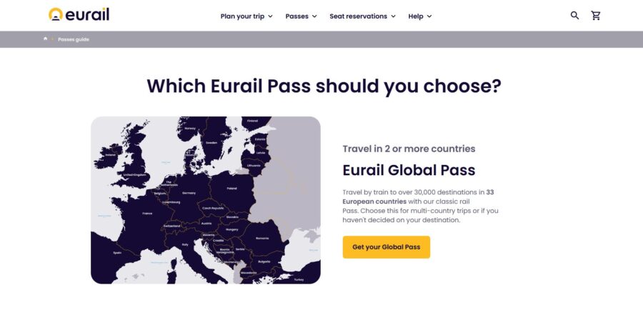 Eurail Pass displayed on the Eurail website, showcasing travel options across Europe for rail journeys.
