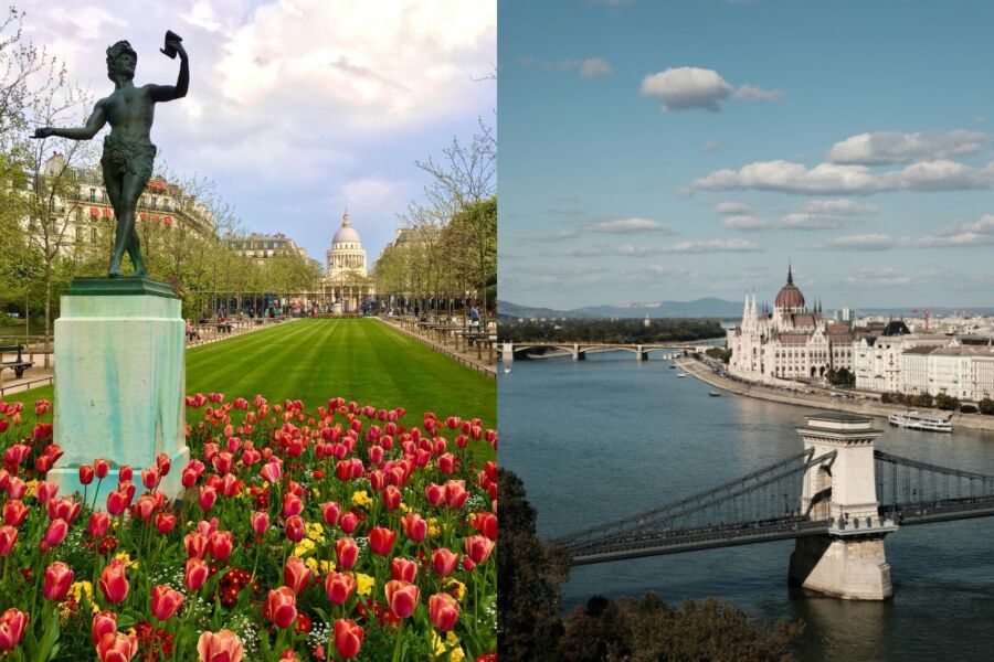 Luxembourg Gardens tulips and Budapest Parliament along the Danube River.