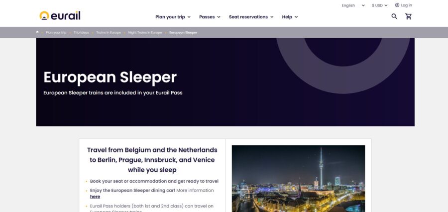 European Sleeper booking and information displayed on the Eurail website for train travel across Europe.

