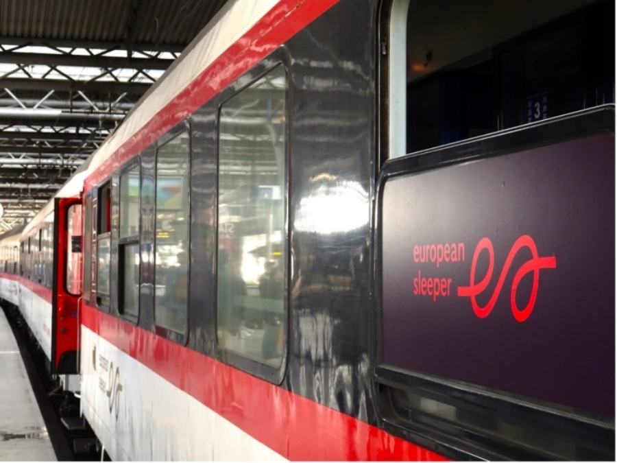 Close-up image of the European Sleeper train, emphasizing its exterior design and distinctive features.

