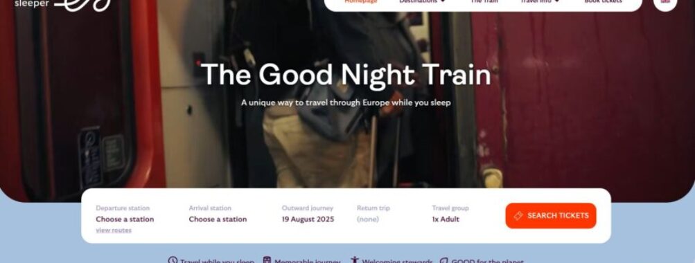 European Sleeper website landing page featuring train travel options across Europe with a modern design and user-friendly layout.
