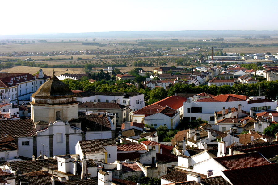 Panoramic view of Évora, Alentejo, featuring a prominent church in the city skyline.