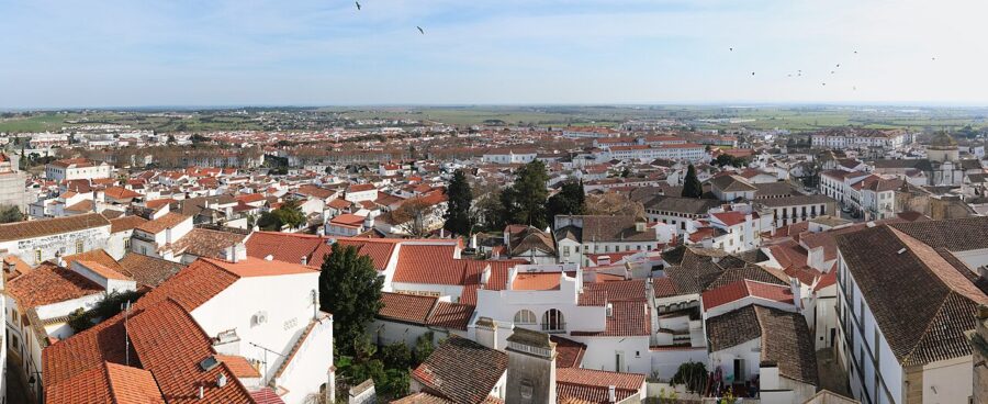 Aerial view of Évora, Alentejo, Portugal, showcasing the city's historic architecture and surrounding landscape.