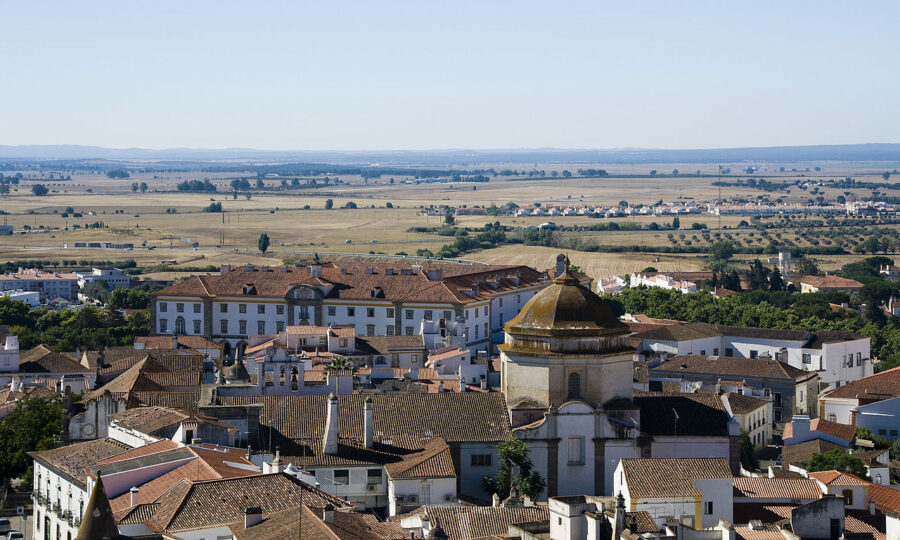 Panoramic view of Évora, Alentejo, featuring a prominent church in the city skyline.
