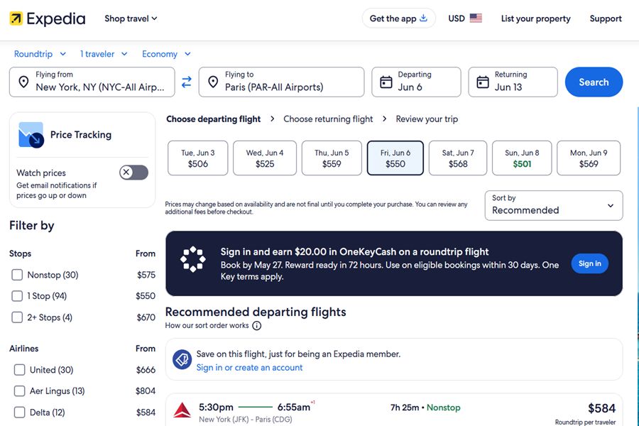 Expedia flight booking interface for NYC to Paris roundtrip with price tracking, filters, and deals.