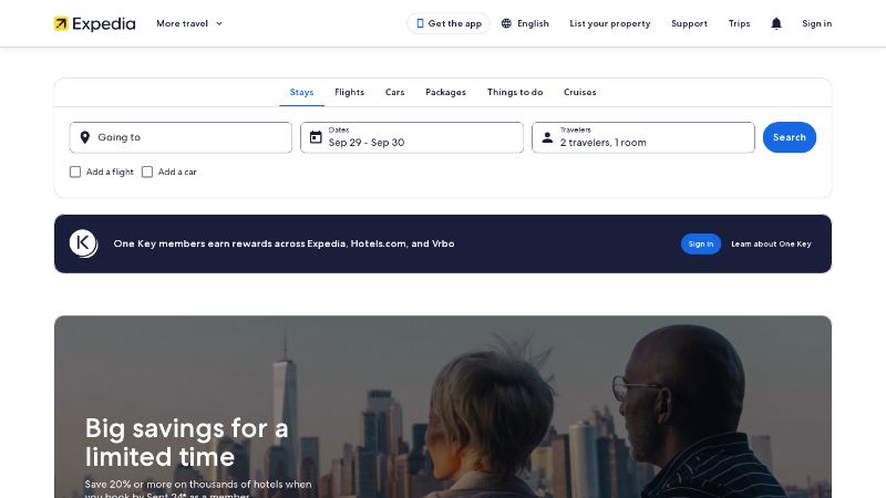 Expedia website screenshot for booking travel, flights, hotels, cars, and finding deals.