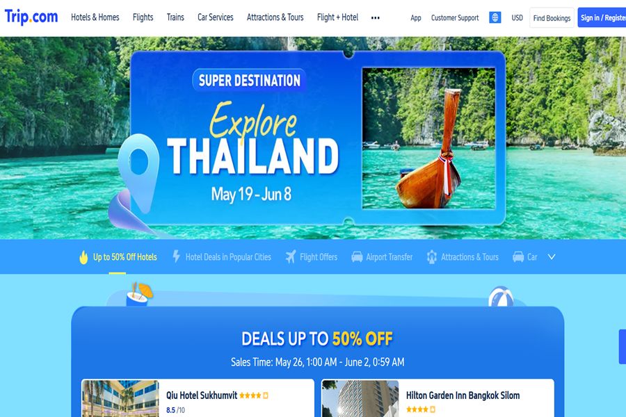 Thailand travel promotion banner: special deals, longtail boat, turquoise waters, lush greenery, major discounts.