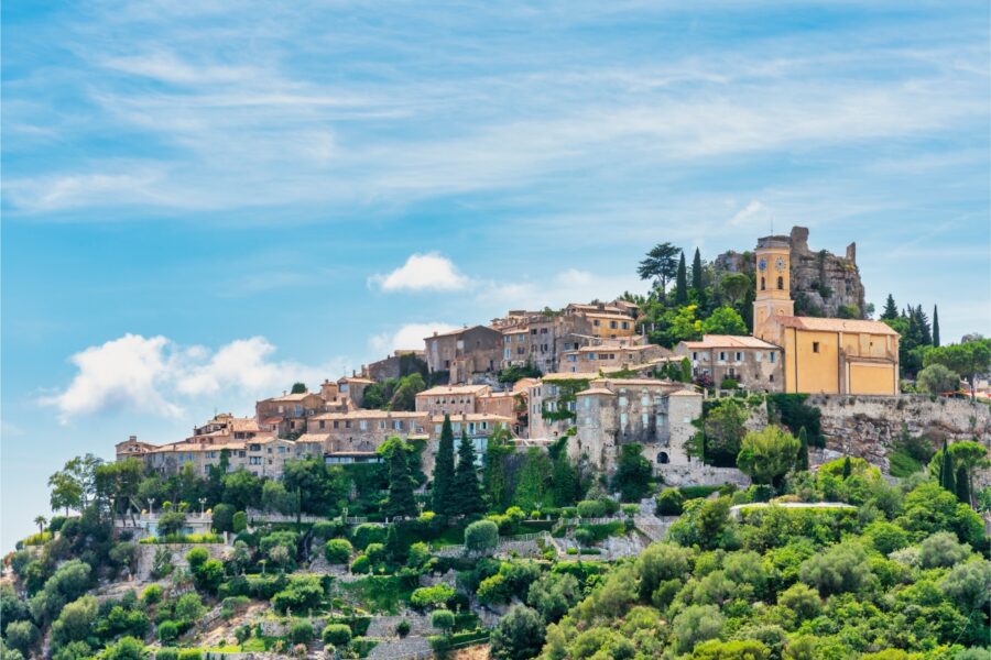 Scenic view of the medieval village of Eze, perched on a hilltop in the Costa Azul region of France