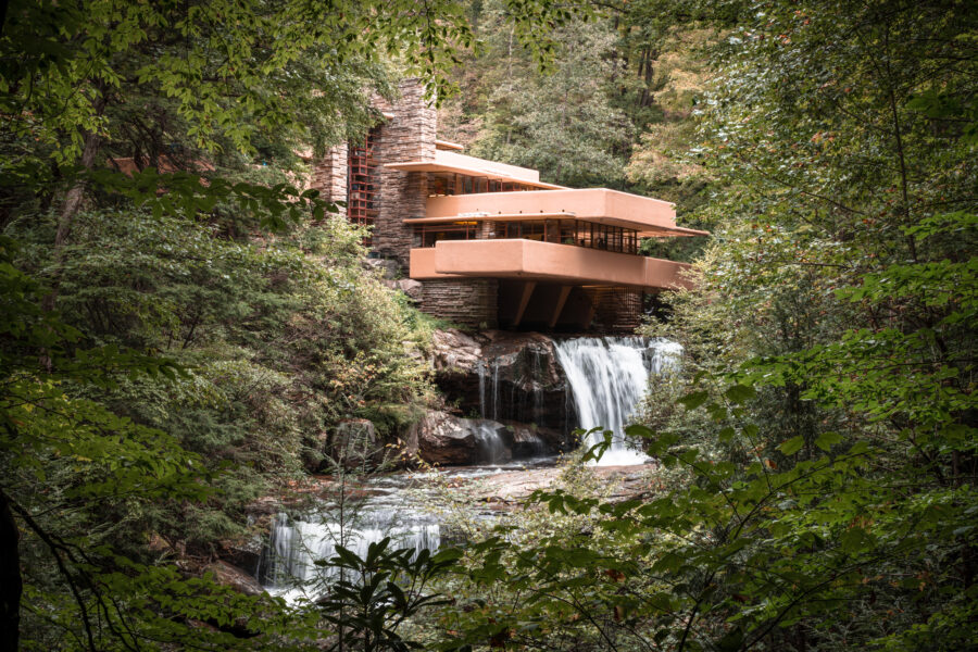 Panoramic view of Frank Lloyd Wright's Fallingwater from the forest and waterfall in Millen, Pennsylvania