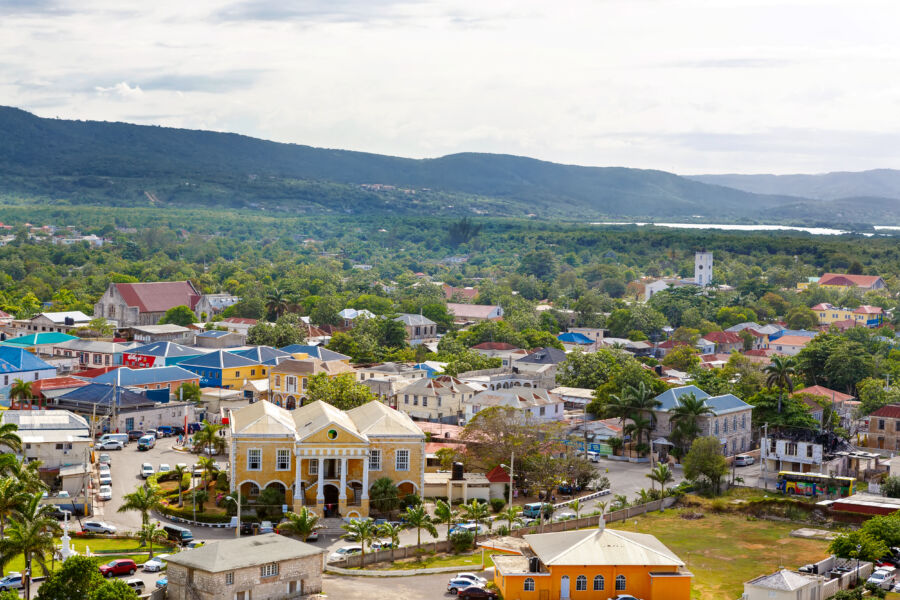 Falmouth port in Jamaica island, the Caribbeans. With old houses and duty free zone