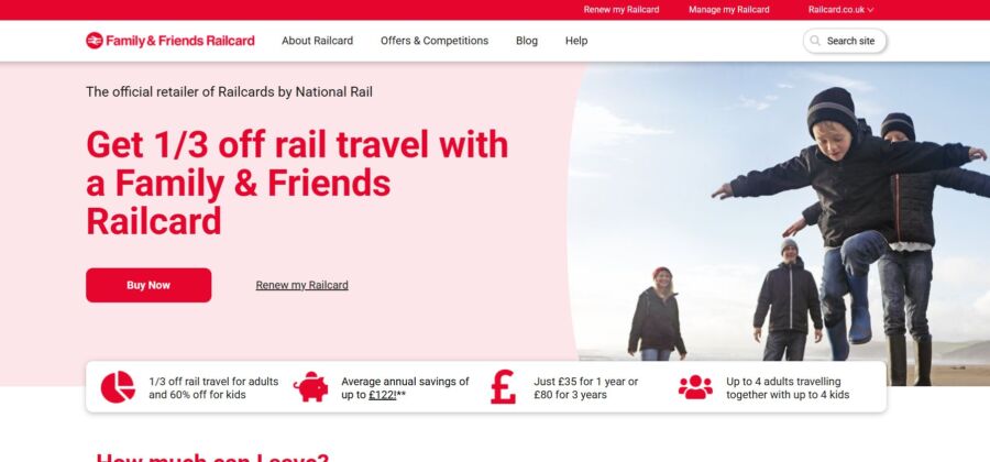 Family & Friends Railcard advertisement with a promotion for 1/3 off rail travel. Image of a joyful family walking on the beach. Keywords: rail travel, savings.