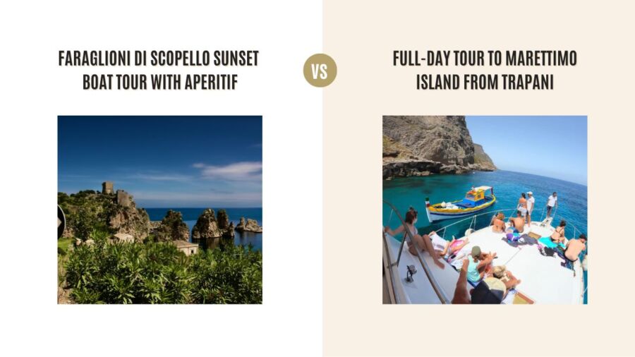 Faraglioni di Scopello sunset boat tour with aperitif vs Full-day tour to Marettimo island from Trapani: Which Tour is Better?
