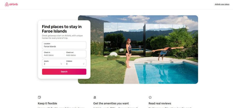 Website page featuring a woman enjoying a swim in a pool at a Faroe Islands Airbnb property.