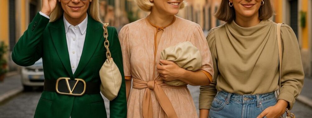Three stylish women strolling along a picturesque Italian cobblestone street.