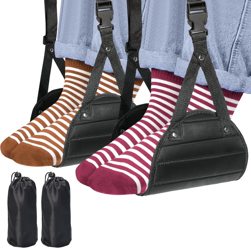 Two pairs of socks with straps and one additional pair, labeled as FEIMINI Airplane Foot Hammock 2-Pack.
