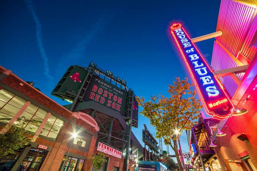Fenway Park and House of Blues at dusk in vibrant Boston cultural scene.