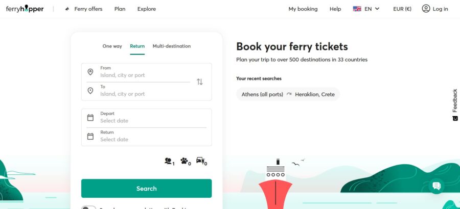 Ferry booking website interface featuring sections for one-way, return, and multi-destination trips. Input fields for departure and return dates, with a search button. Recent searches include Athens and Heraklion. Illustrated ferry icon and scenic backdrop