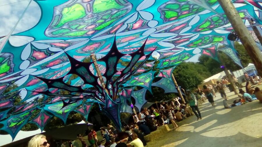 Festival with vibrant canopy, colorful crowd, music, and nature under blue skies.