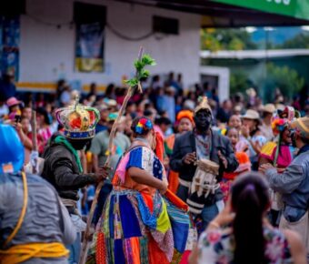 Traditional festival dance with vibrant costumes, diverse participants, community spirit.