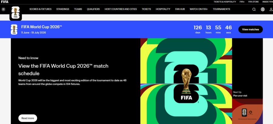 The FIFA World Cup 2026 webpage shows a countdown timer with 126 days left. A colorful abstract background features the FIFA trophy. Text invites users to view the match schedule.