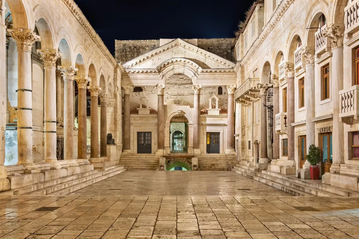 Ancient Diocletian Palace in Split, Croatia, showcases Roman architecture and historical ruins.