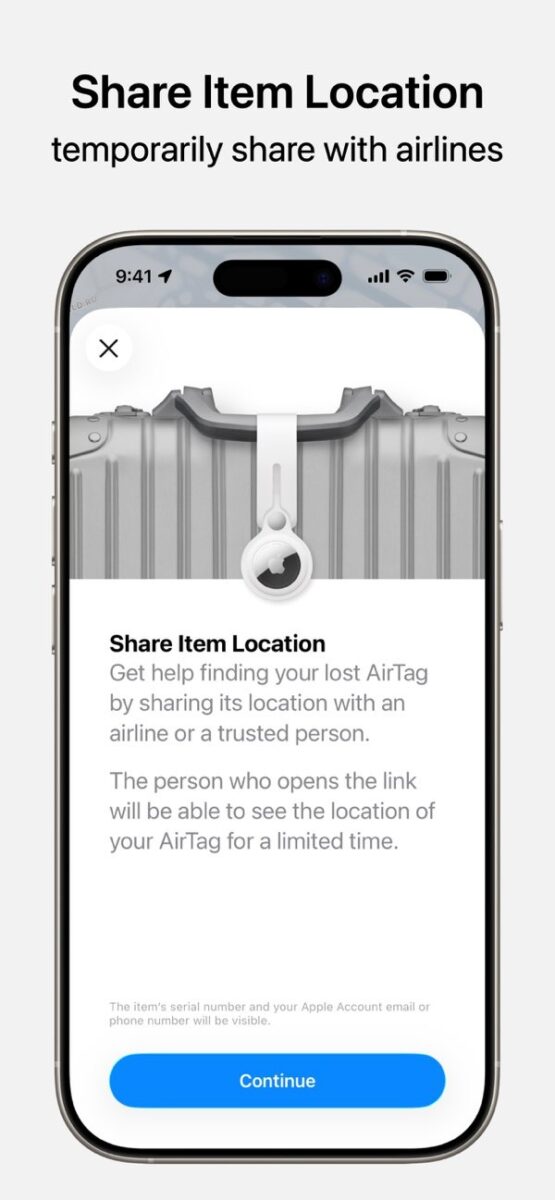Smartphone screen displaying a 'Share Item Location' option for AirTags, allowing temporary location sharing with airlines. Blue 'Continue' button below."