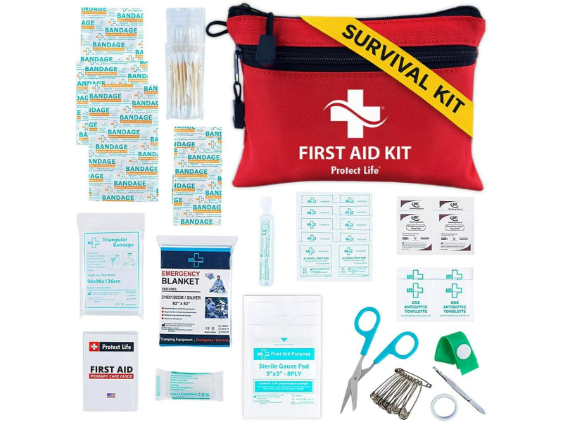 Compact red first aid and survival kit with bandages, emergency blanket, and first aid guides.