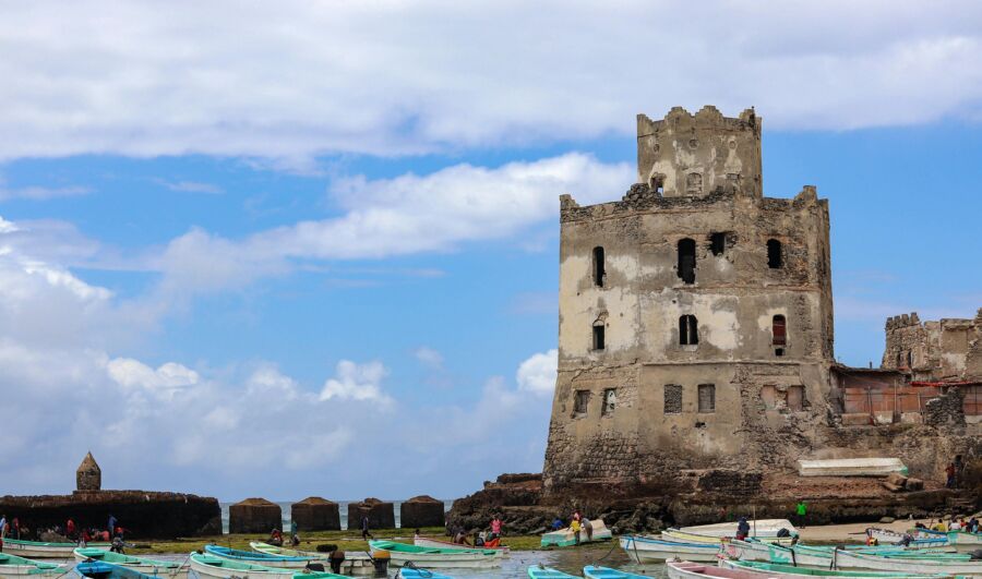 Fishing Boats and Old Ruin in Mogadishu, Somalia
