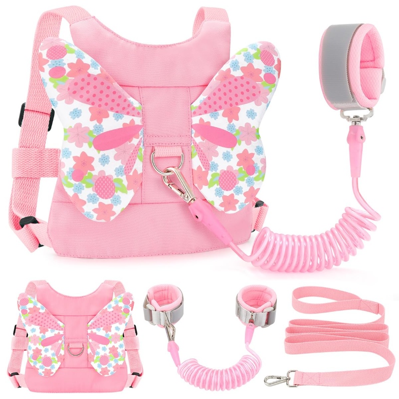 Pink FITARTS toddler harness backpack featuring a butterfly design and a safety leash for added security.