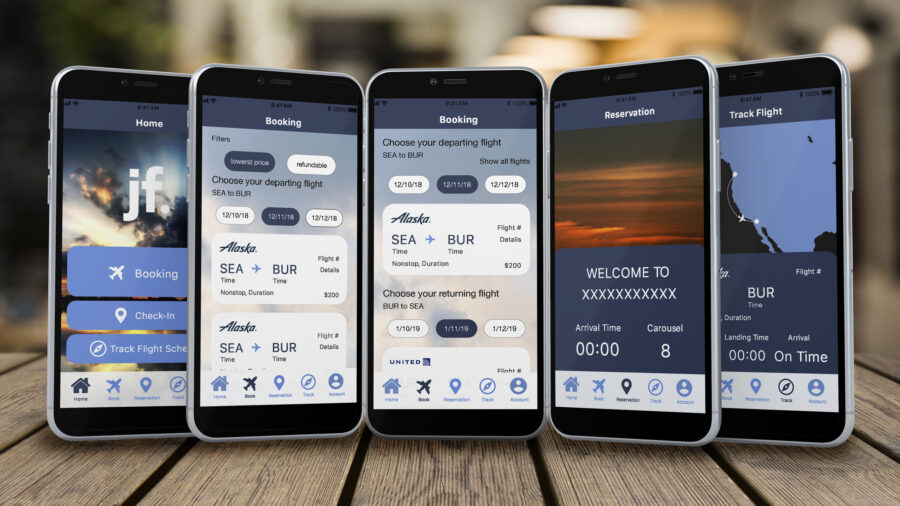 Smartphones displaying JustFly app interfaces for booking, checking in, and real-time flight tracking.