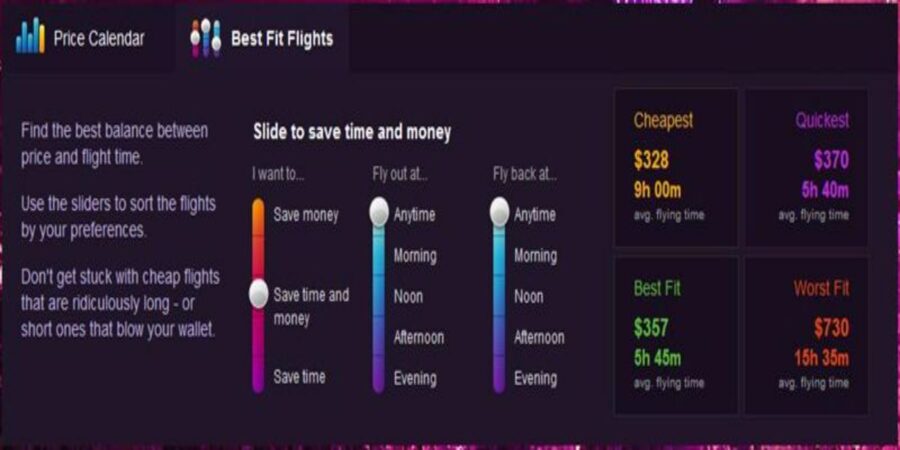 Flight booking interface: balance price, duration, customize preferences, save time, money.