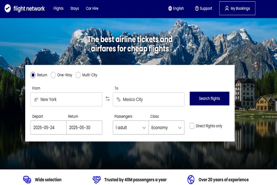 Flight booking platform interface with scenic mountain landscape background.