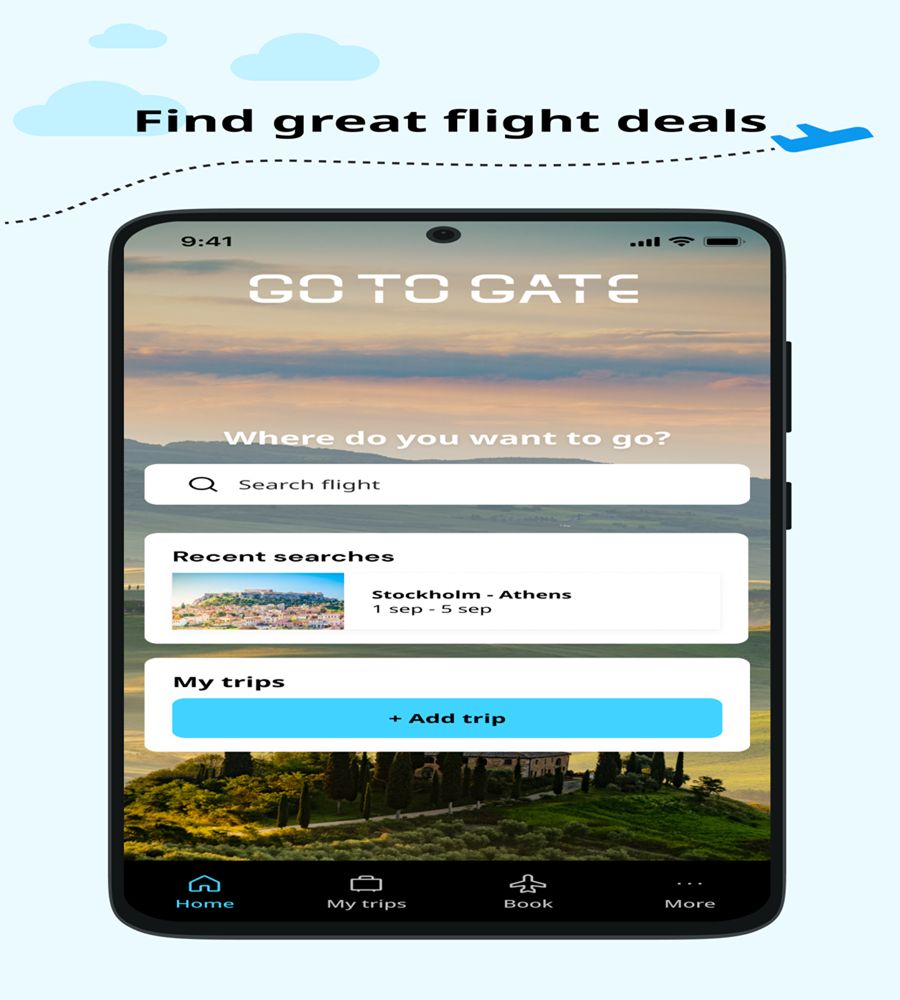 Travel app interface showing flight search, recent routes, and trip management for affordable deals.