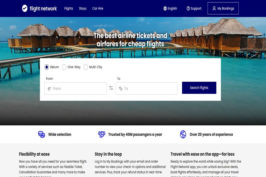 Flight Network homepage featuring budget airline tickets, vibrant resort imagery, and user-friendly flight search.