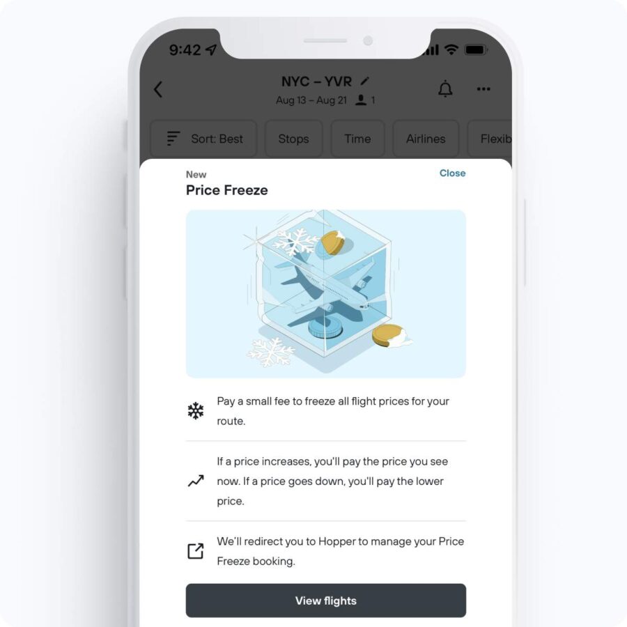 Price Freeze feature on Kayak app: secure flight prices from NYC to YVR with cost-saving benefits.