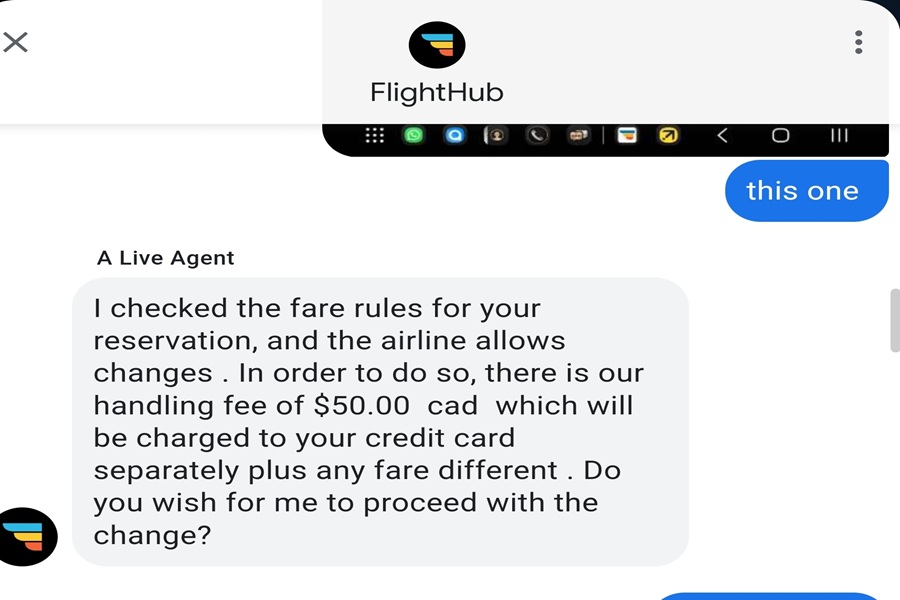 FlightHub chat on reservation changes, fees, and customer service communication.