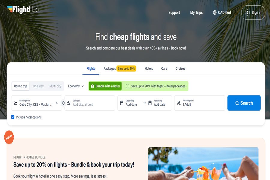 FlightHub homepage for cheap flight bookings and travel bundles with a vacation theme.