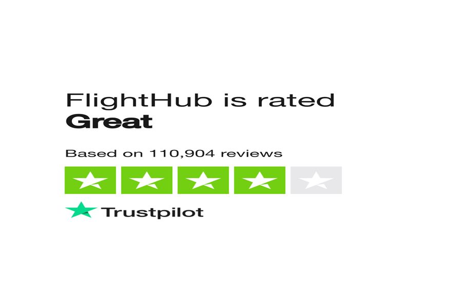 FlightHub Great rating on Trustpilot; 110,904 reviews, four green stars.