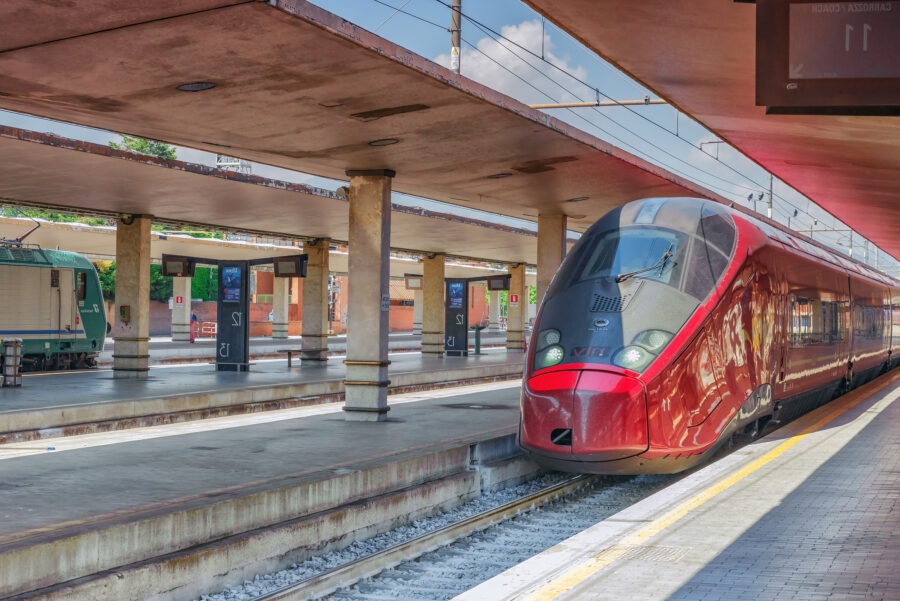High-speed passenger train parked at Firenze Santa Maria Novella station. in Florence, Italy