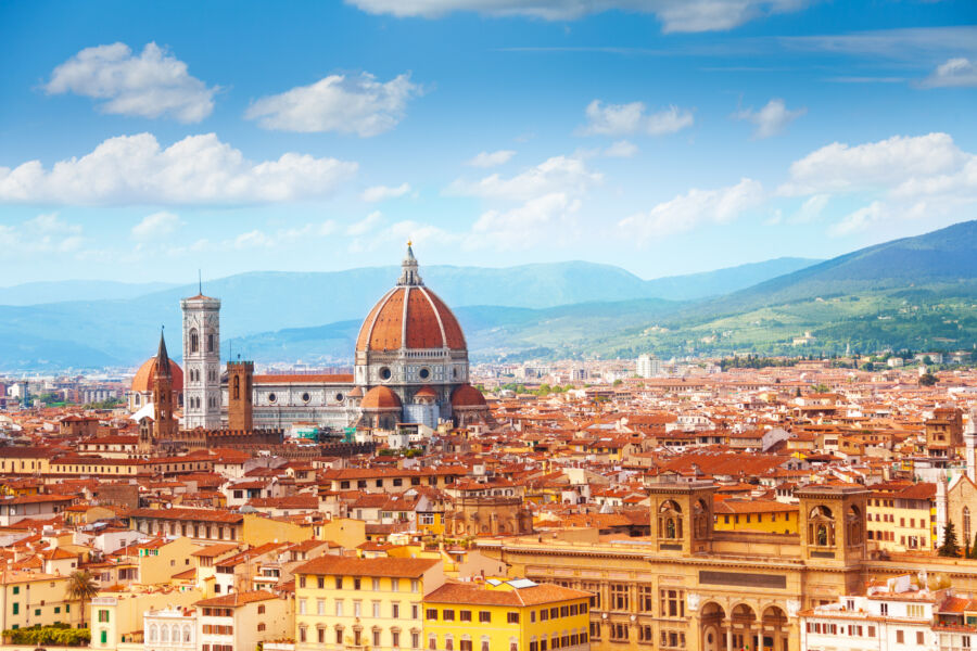 Scenic panorama of Florence, highlighting the iconic Saint Mary Cathedral against a backdrop of the cityscape