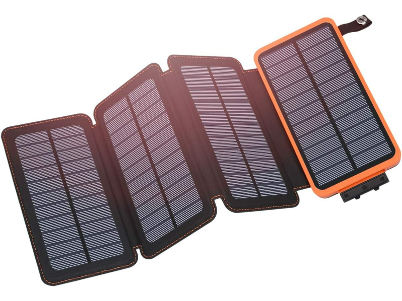 Portable, foldable solar charger with panels for outdoor use, eco-friendly, and lightweight.