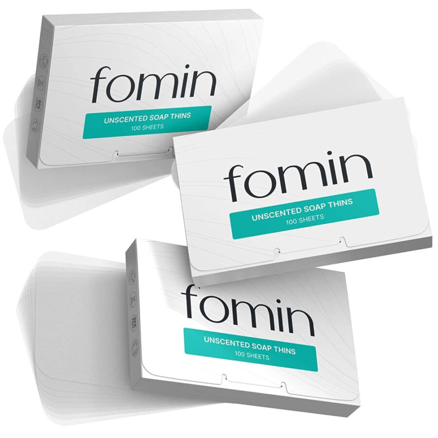 Four boxes of FOMIN Travel Soap Sheets arranged on a clean white background.