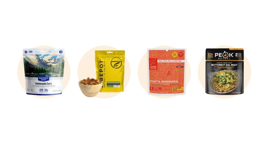 Various freeze-dried vegan snacks and meals, suitable for backpacking and outdoor activities.