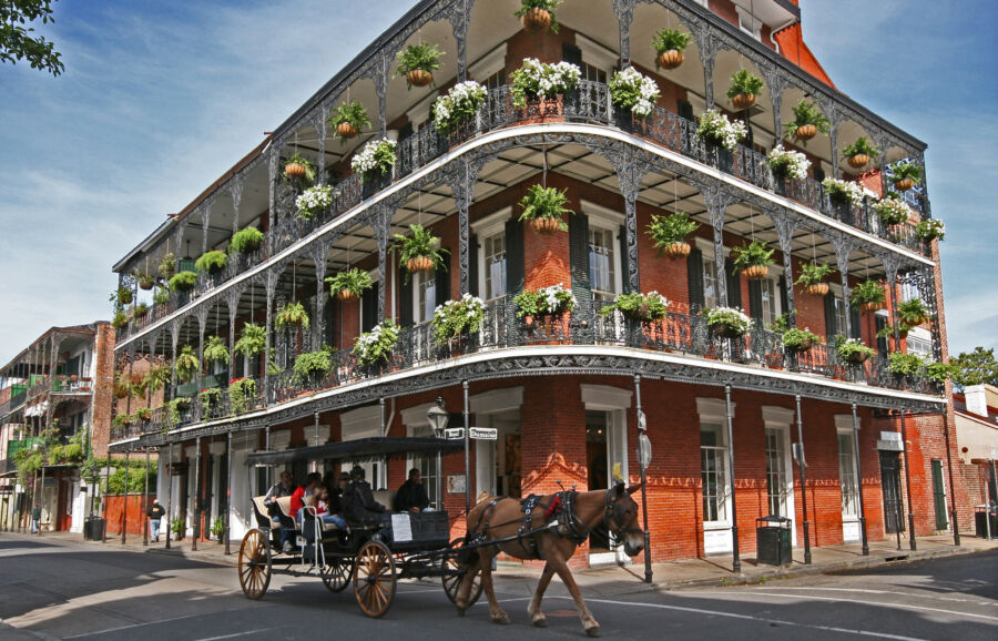 Carriage ride glides through the vibrant streets of the French Quarter, capturing the lively nightlife of New Orleans