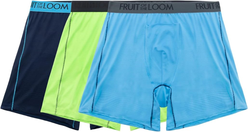 Three-pack of Fruit of the Loom stretch boxer briefs in assorted colors, designed for comfort and support.