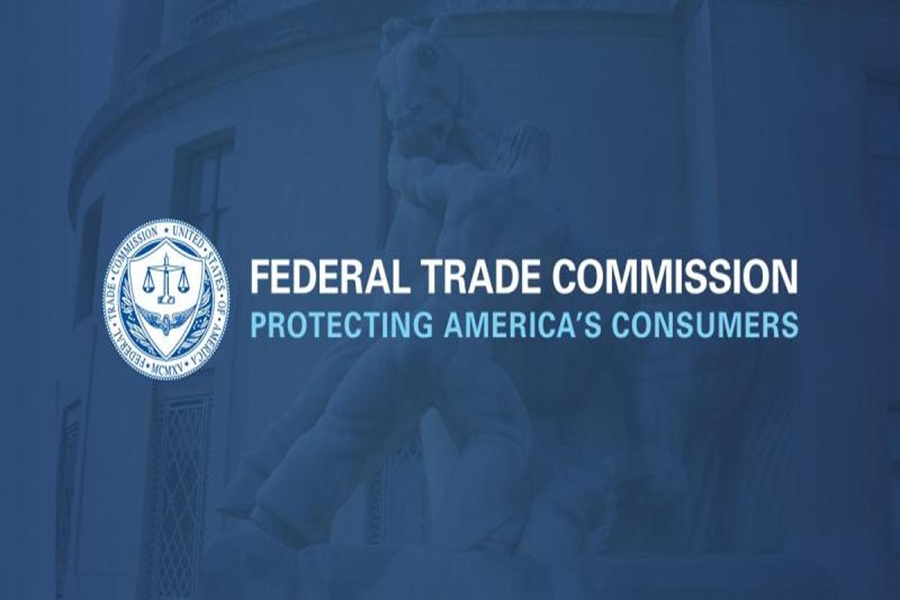 FTC logo: scales of justice, consumer protection, fair trade practices, blue background, USA.