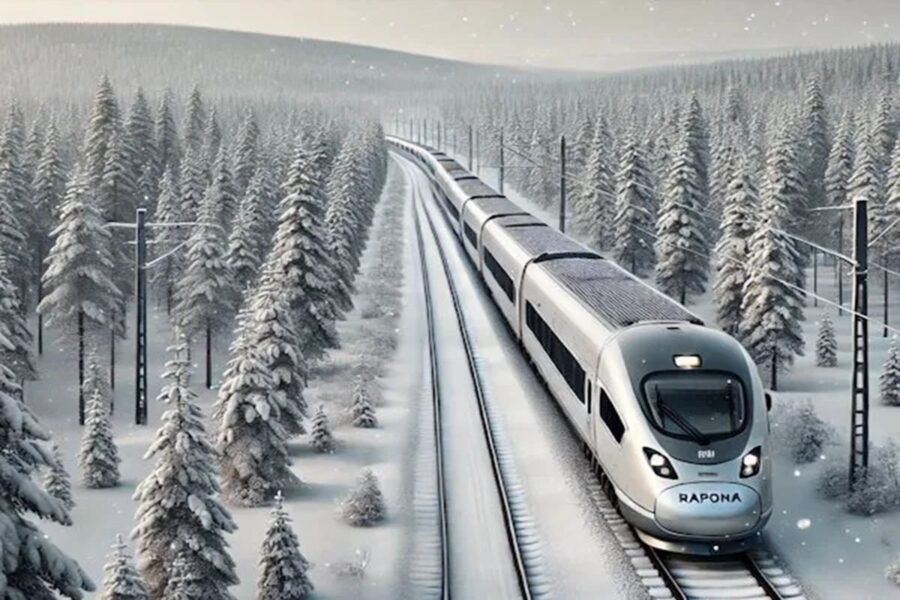 Futuristic electric train traverses snowy winter forest landscape.