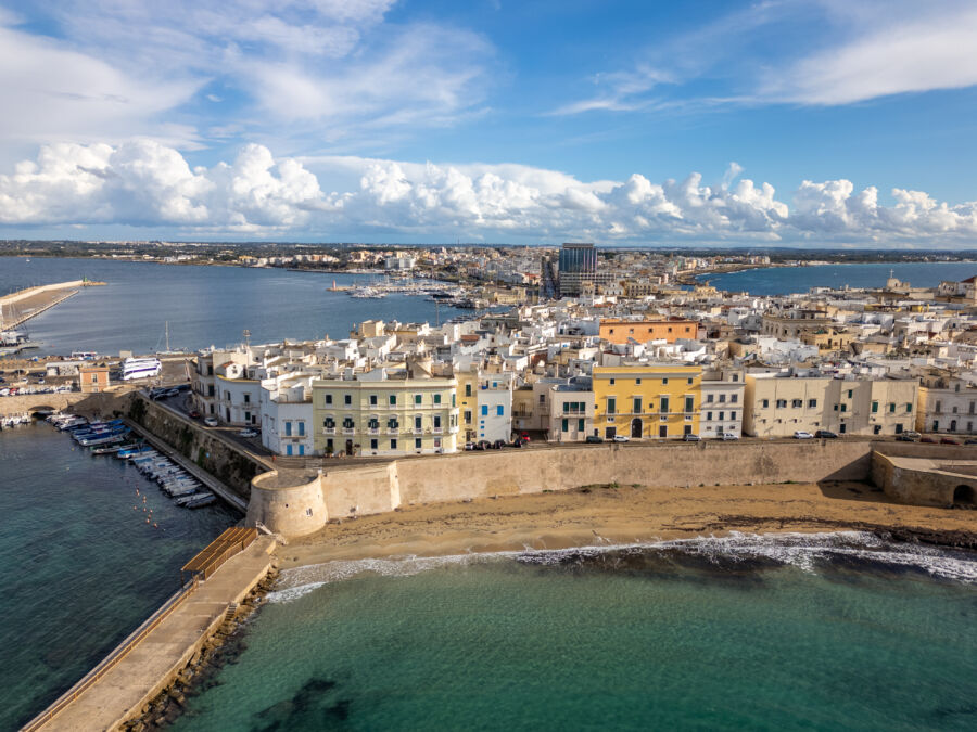 Aerial view of Gallipoli, a coastal town in Italy, showcasing its picturesque Mediterranean landscape and vibrant architecture